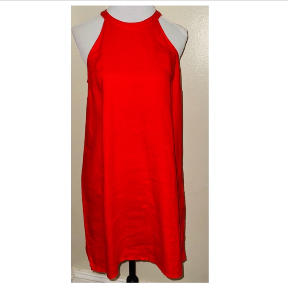 Sigrid Olsen Bright Red Linen Cutaway Halter Shift Dress, Sz M